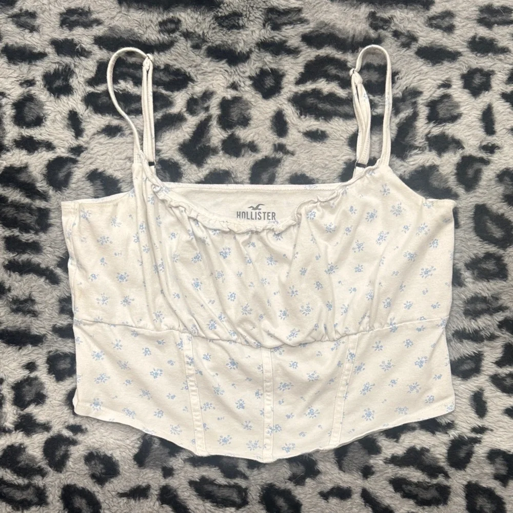 Hollister White Cami Top With Micro Ruffles and Blue Floral Print - Picture 1 of 5